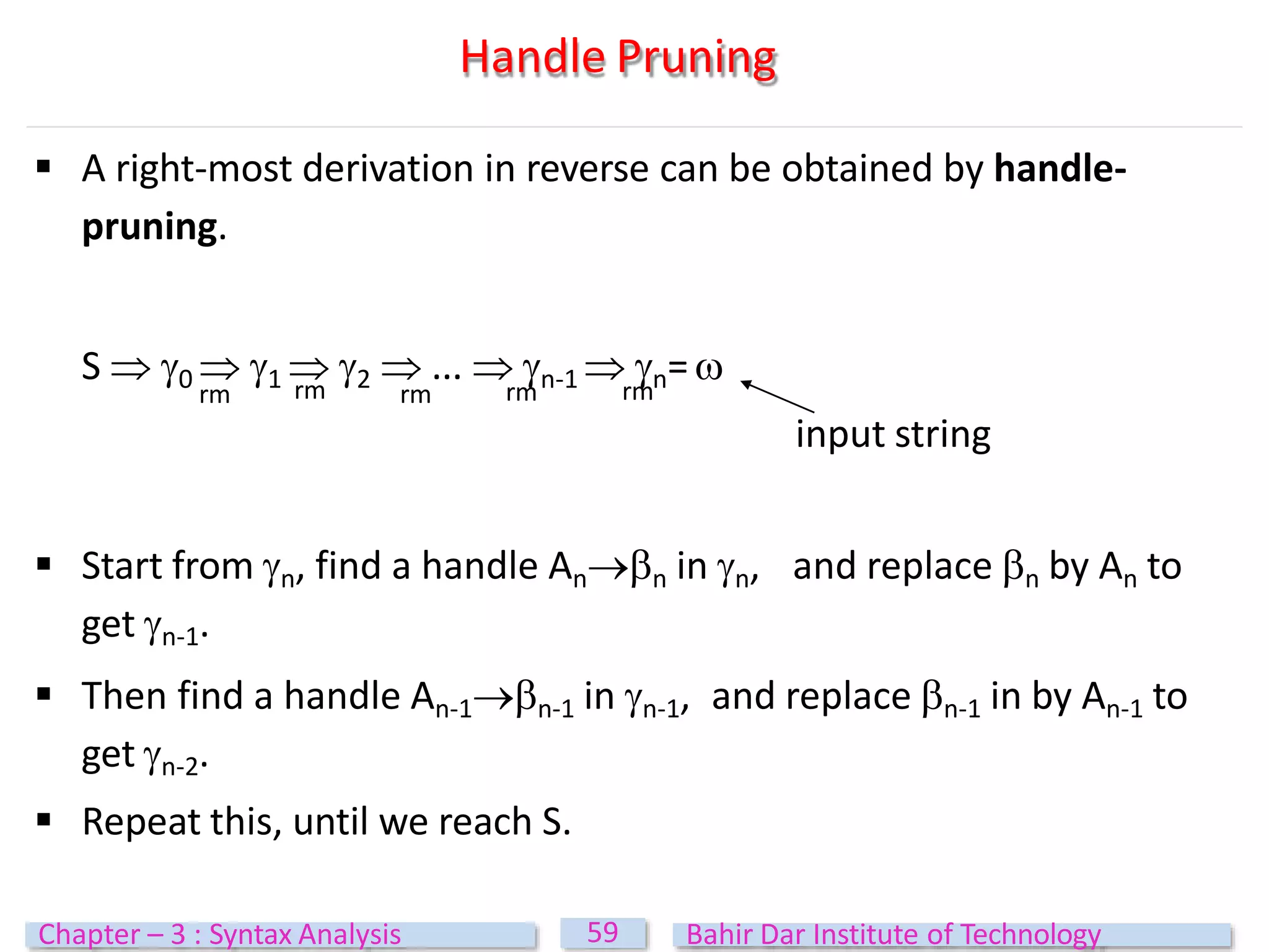 Handle Pruning
 A right-most derivation in reverse can be obtained by handle-
pruning.
S  0  1  2  ...  n-1  n=
input string
 Start from n, find a handle Ann in n, and replace n by An to
get n-1.
 Then find a handle An-1n-1 in n-1, and replace n-1 in by An-1 to
get n-2.
 Repeat this, until we reach S.
rm
rm rm rm rm
59
Chapter – 3 : Syntax Analysis Bahir Dar Institute of Technology
 