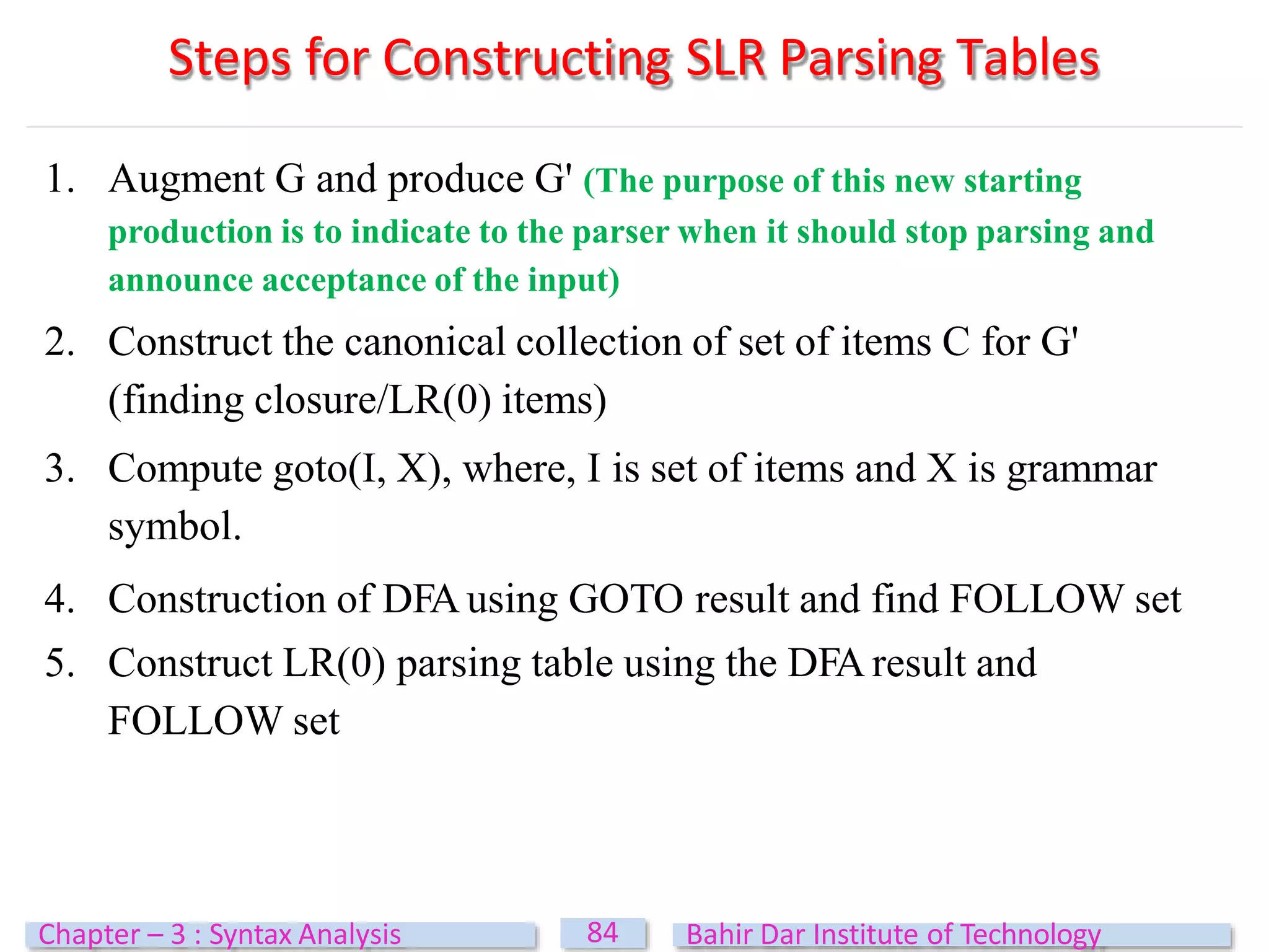Steps for Constructing SLR Parsing Tables
84
Chapter – 3 : Syntax Analysis Bahir Dar Institute of Technology
1. Augment G and produce G' (The purpose of this new starting
production is to indicate to the parser when it should stop parsing and
announce acceptance of the input)
2. Construct the canonical collection of set of items C for G'
(finding closure/LR(0) items)
3. Compute goto(I, X), where, I is set of items and X is grammar
symbol.
4. Construction of DFA using GOTO result and find FOLLOW set
5. Construct LR(0) parsing table using the DFA result and
FOLLOW set
 