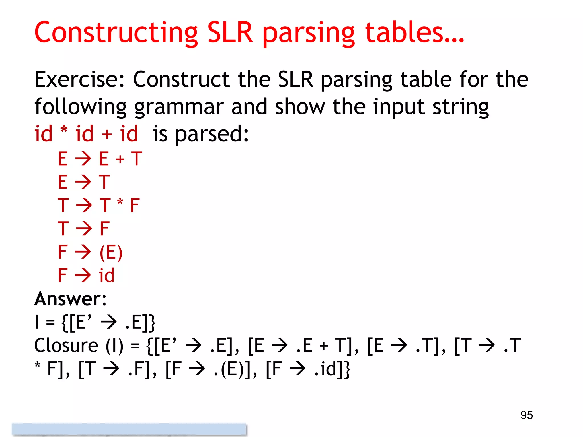Constructing SLR parsing tables…
Exercise: Construct the SLR parsing table for the
following grammar and show the input string
id * id + id is parsed:
E  E + T
E  T
T  T * F
T  F
F  (E)
F  id
Answer:
I = {[E’  .E]}
Closure (I) = {[E’  .E], [E  .E + T], [E  .T], [T  .T
* F], [T  .F], [F  .(E)], [F  .id]}
95
 