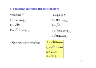 17
4- Puissances en régime triphasé équilibré
• couplage Y
P = 3VI cosϕv/i
V
3
U =
• Quel que soit le couplage :
i
/
v
cos
UI
3
P ϕ
=
J
3
I =
• couplage ∆
∆
∆
∆
P = 3UJ cosϕu/j
i
/
v
j
/
u
cos
UI
3
cos
UI
3
P
ϕ
=
ϕ
=
ϕ
=
=
ϕ
=
ϕ
=
cos
k
UI
3
S
sin
UI
3
Q
cos
UI
3
P
 