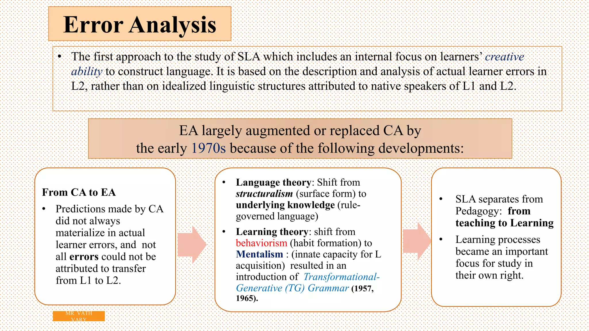 14
MR. VATH
VARY
Error Analysis
From CA to EA
• Predictions made by CA
did not always
materialize in actual
learner errors, and not
all errors could not be
attributed to transfer
from L1 to L2.
• Language theory: Shift from
structuralism (surface form) to
underlying knowledge (rule-
governed language)
• Learning theory: shift from
behaviorism (habit formation) to
Mentalism : (innate capacity for L
acquisition) resulted in an
introduction of Transformational-
Generative (TG) Grammar (1957,
1965).
• SLA separates from
Pedagogy: from
teaching to Learning
• Learning processes
became an important
focus for study in
their own right.
• The first approach to the study of SLA which includes an internal focus on learners’ creative
ability to construct language. It is based on the description and analysis of actual learner errors in
L2, rather than on idealized linguistic structures attributed to native speakers of L1 and L2.
EA largely augmented or replaced CA by
the early 1970s because of the following developments:
 