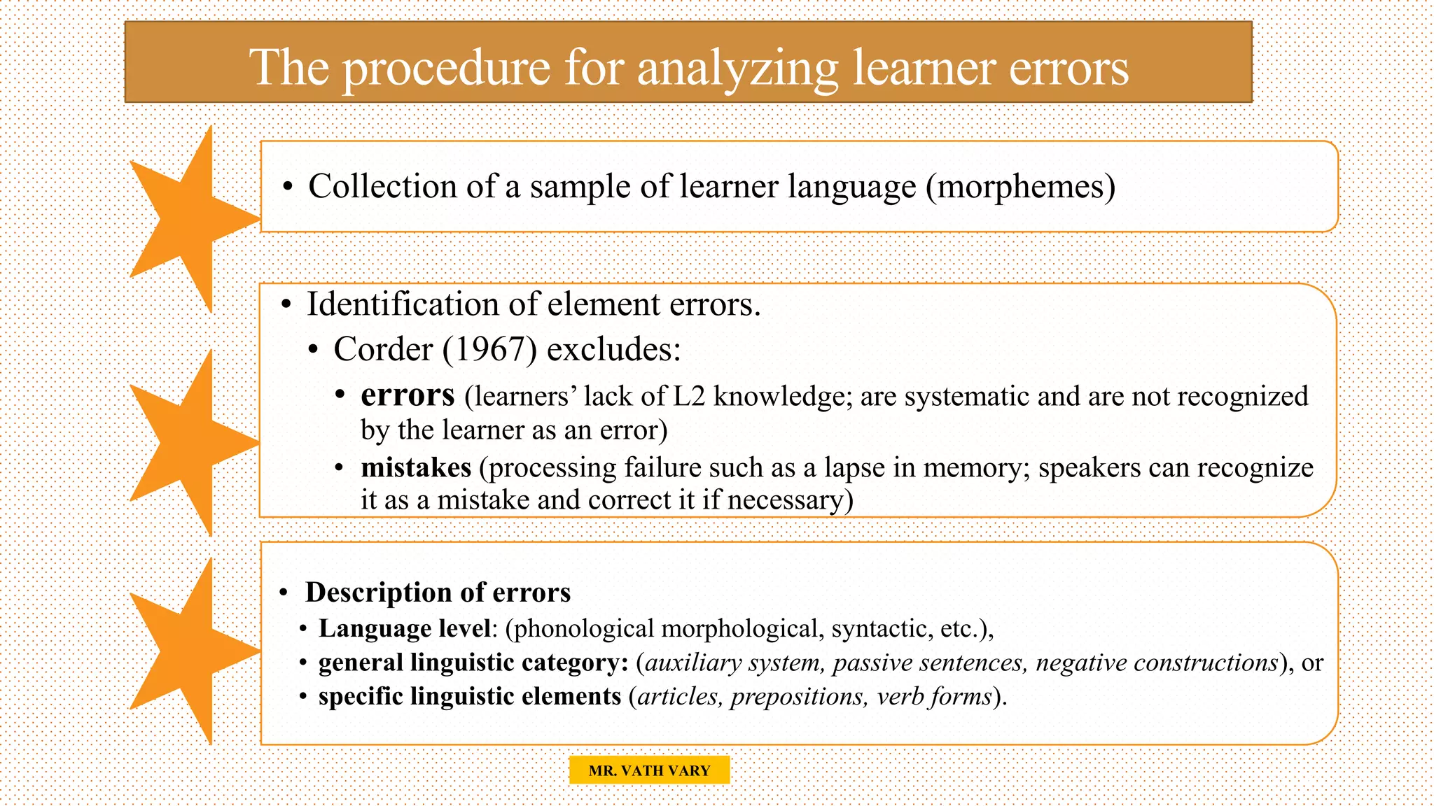 The procedure for analyzing learner errors
• Collection of a sample of learner language (morphemes)
• Identification of element errors.
• Corder (1967) excludes:
• errors (learners’ lack of L2 knowledge; are systematic and are not recognized
by the learner as an error)
• mistakes (processing failure such as a lapse in memory; speakers can recognize
it as a mistake and correct it if necessary)
• Description of errors
• Language level: (phonological morphological, syntactic, etc.),
• general linguistic category: (auxiliary system, passive sentences, negative constructions), or
• specific linguistic elements (articles, prepositions, verb forms).
15
MR. VATH VARY
 