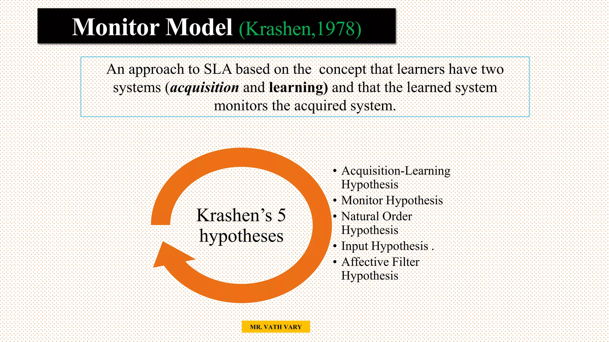 Monitor Model (Krashen,1978)
23
MR. VATH VARY
An approach to SLA based on the concept that learners have two
systems (acquisition and learning) and that the learned system
monitors the acquired system.
• Acquisition-Learning
Hypothesis
• Monitor Hypothesis
• Natural Order
Hypothesis
• Input Hypothesis .
• Affective Filter
Hypothesis
Krashen’s 5
hypotheses
 