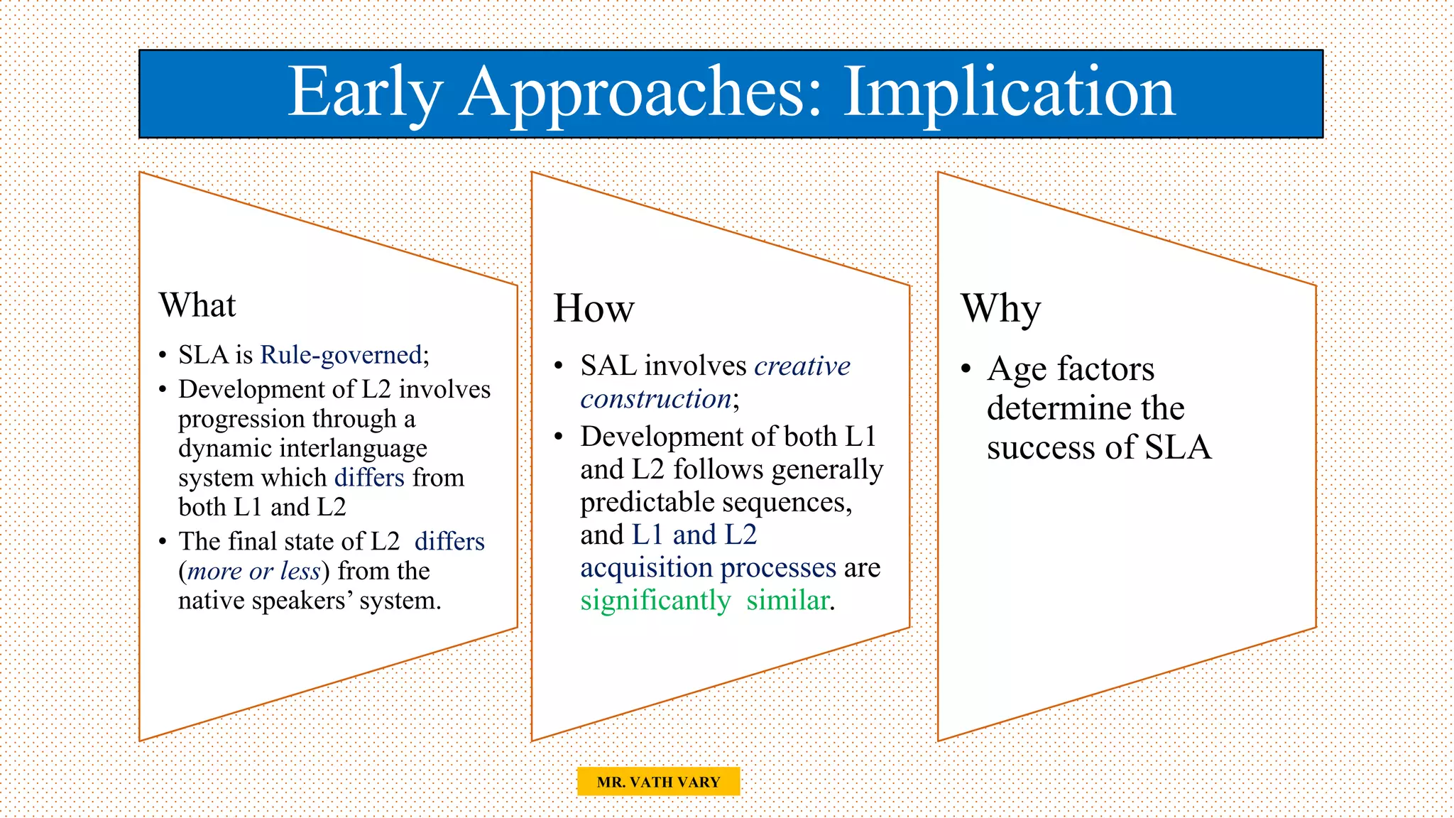 Early Approaches: Implication
26
What
• SLA is Rule-governed;
• Development of L2 involves
progression through a
dynamic interlanguage
system which differs from
both L1 and L2
• The final state of L2 differs
(more or less) from the
native speakers’ system.
How
• SAL involves creative
construction;
• Development of both L1
and L2 follows generally
predictable sequences,
and L1 and L2
acquisition processes are
significantly similar.
Why
• Age factors
determine the
success of SLA
MR. VATH VARY
 