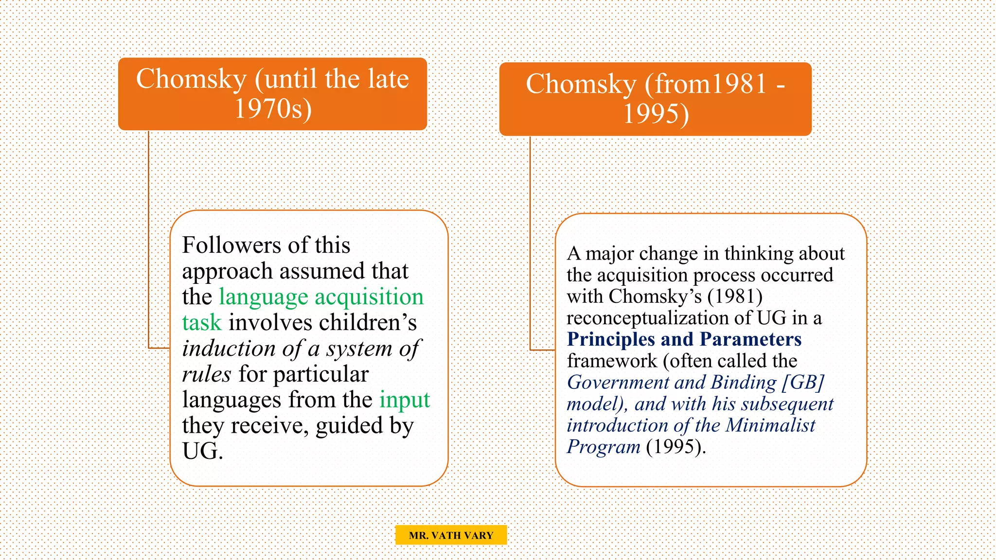 29
MR. VATH VARY
Chomsky (until the late
1970s)
Followers of this
approach assumed that
the language acquisition
task involves children’s
induction of a system of
rules for particular
languages from the input
they receive, guided by
UG.
Chomsky (from1981 -
1995)
A major change in thinking about
the acquisition process occurred
with Chomsky’s (1981)
reconceptualization of UG in a
Principles and Parameters
framework (often called the
Government and Binding [GB]
model), and with his subsequent
introduction of the Minimalist
Program (1995).
 