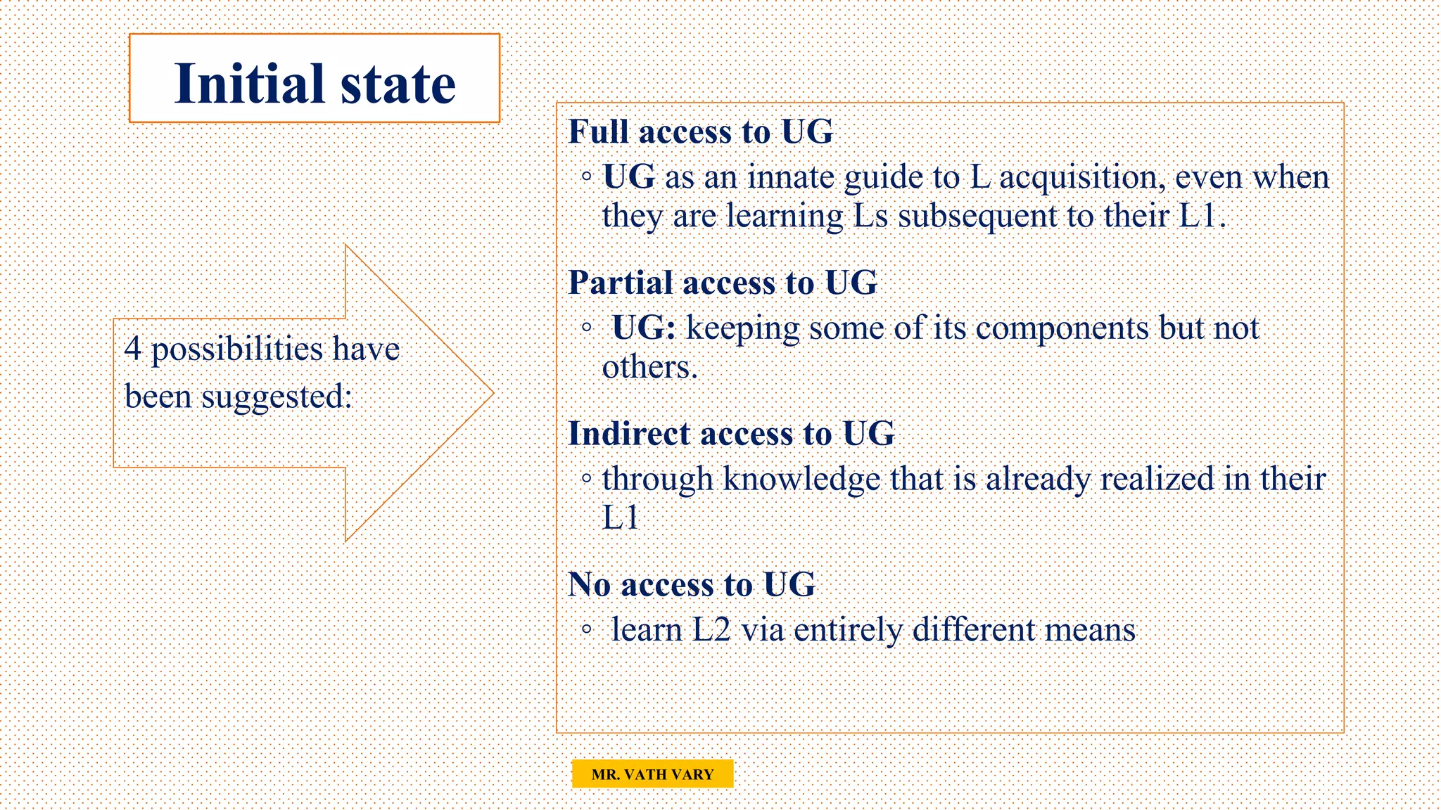 Initial state
33
MR. VATH VARY
4 possibilities have
been suggested:
Full access to UG
◦ UG as an innate guide to L acquisition, even when
they are learning Ls subsequent to their L1.
Partial access to UG
◦ UG: keeping some of its components but not
others.
Indirect access to UG
◦ through knowledge that is already realized in their
L1
No access to UG
◦ learn L2 via entirely different means
 