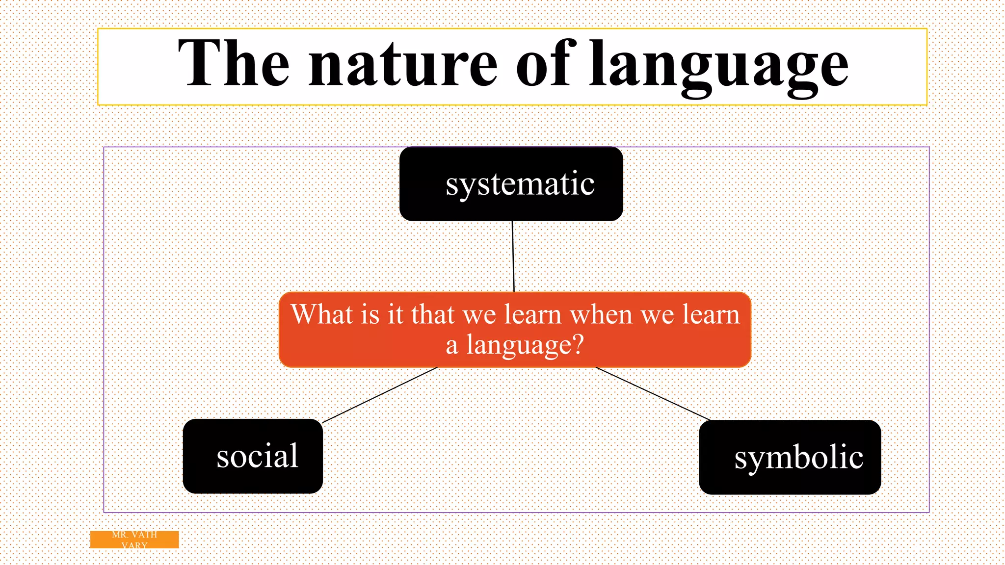 The nature of language
What is it that we learn when we learn
a language?
systematic
symbolic
social
4
MR. VATH
VARY
 