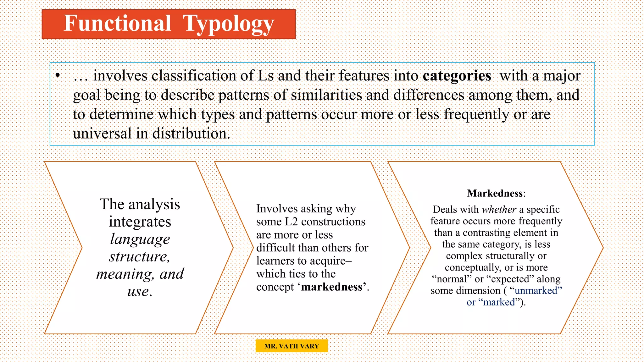 Functional Typology
44
MR. VATH VARY
The analysis
integrates
language
structure,
meaning, and
use.
Involves asking why
some L2 constructions
are more or less
difficult than others for
learners to acquire–
which ties to the
concept ‘markedness’.
Markedness:
Deals with whether a specific
feature occurs more frequently
than a contrasting element in
the same category, is less
complex structurally or
conceptually, or is more
“normal” or “expected” along
some dimension ( “unmarked”
or “marked”).
• … involves classification of Ls and their features into categories with a major
goal being to describe patterns of similarities and differences among them, and
to determine which types and patterns occur more or less frequently or are
universal in distribution.
 