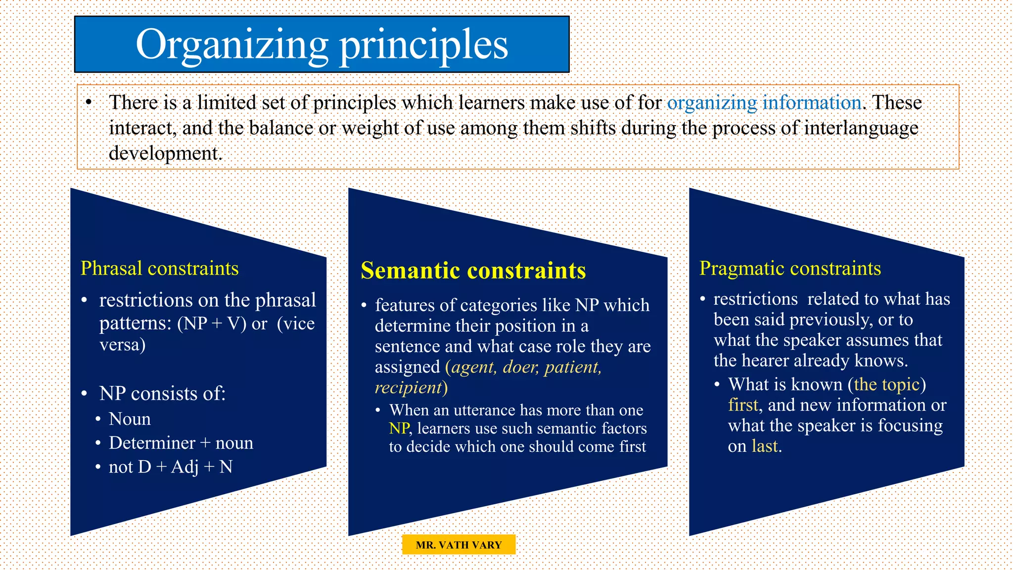 Organizing principles
Phrasal constraints
• restrictions on the phrasal
patterns: (NP + V) or (vice
versa)
• NP consists of:
• Noun
• Determiner + noun
• not D + Adj + N
Semantic constraints
• features of categories like NP which
determine their position in a
sentence and what case role they are
assigned (agent, doer, patient,
recipient)
• When an utterance has more than one
NP, learners use such semantic factors
to decide which one should come first
Pragmatic constraints
• restrictions related to what has
been said previously, or to
what the speaker assumes that
the hearer already knows.
• What is known (the topic)
first, and new information or
what the speaker is focusing
on last.
49
MR. VATH VARY
• There is a limited set of principles which learners make use of for organizing information. These
interact, and the balance or weight of use among them shifts during the process of interlanguage
development.
 