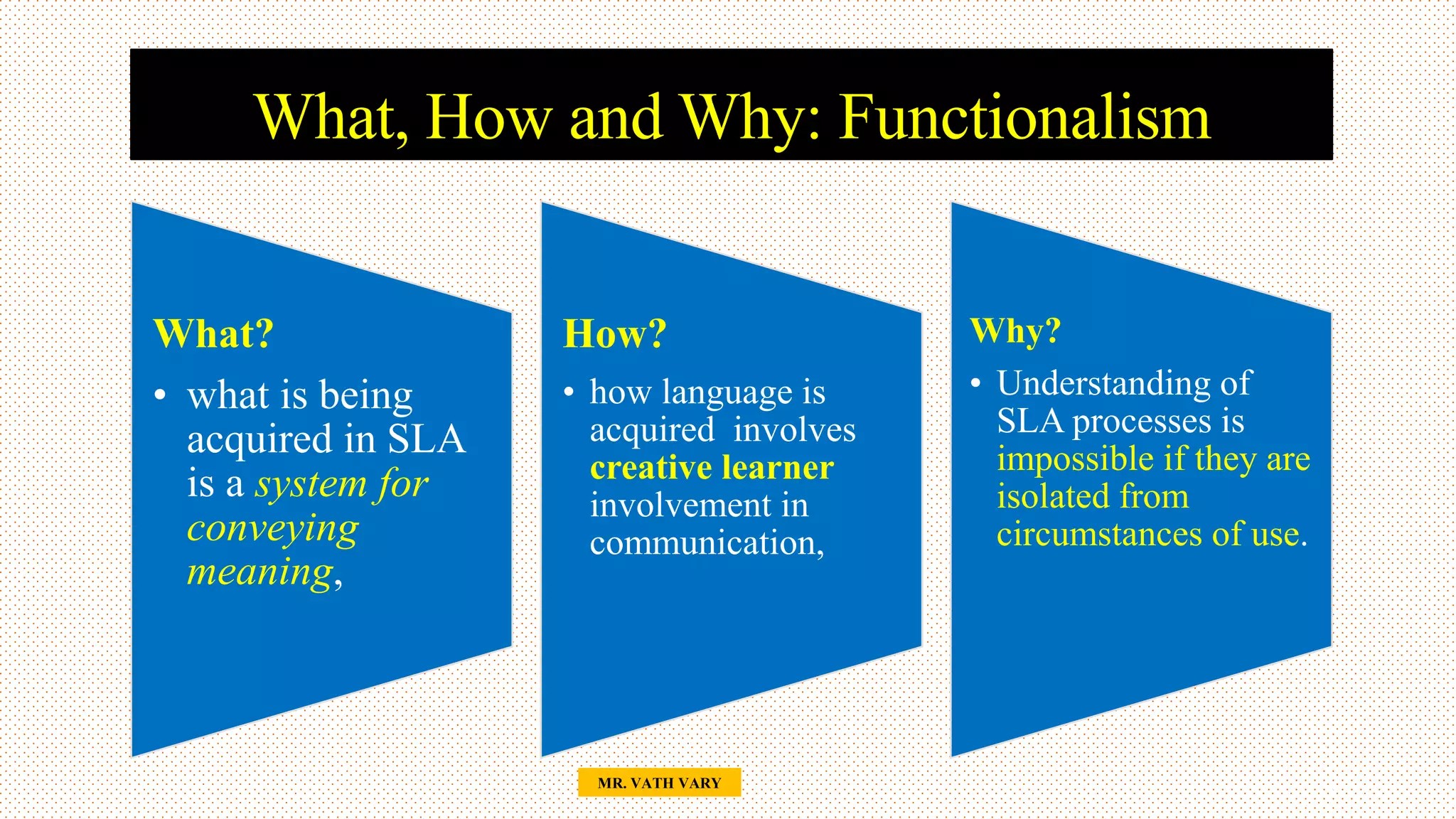 What, How and Why: Functionalism
What?
• what is being
acquired in SLA
is a system for
conveying
meaning,
How?
• how language is
acquired involves
creative learner
involvement in
communication,
Why?
• Understanding of
SLA processes is
impossible if they are
isolated from
circumstances of use.
51
MR. VATH VARY
 