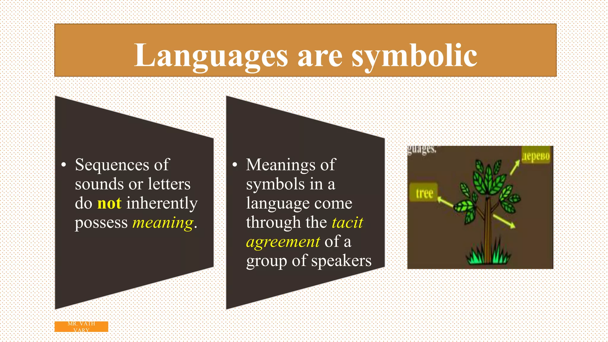 Languages are symbolic
• Sequences of
sounds or letters
do not inherently
possess meaning.
• Meanings of
symbols in a
language come
through the tacit
agreement of a
group of speakers
6
MR. VATH
VARY
 
