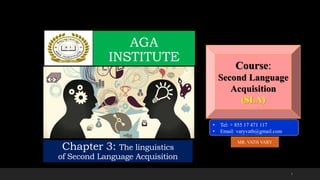 Chapter 3: The linguistics
of Second Language Acquisition
MR. VATH VARY
1
• Tel: + 855 17 471 117
• Email: varyvath@gmail.com
Course:
Second Language
Acquisition
(SLA)
AGA
INSTITUTE
 