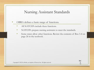 Nursing Assistant Standards
• OBRA defines a basic range of functions.
• All NATCEPs include these functions.
• NATCEPs prepare nursing assistants to meet the standards.
• Some states allow other functions. Review the contents of Box 3-4 on
page 26 in the textbook.
Copyright © 2012 by Mosby, an imprint of Elsevier Inc. All rights reserved.
Slid
e
13
 