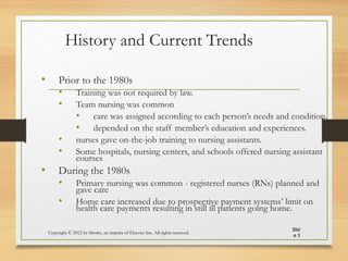 History and Current Trends
• Prior to the 1980s
• Training was not required by law.
• Team nursing was common
• care was assigned according to each person’s needs and condition.
• depended on the staff member’s education and experiences.
• nurses gave on-the-job training to nursing assistants.
• Some hospitals, nursing centers, and schools offered nursing assistant
courses
• During the 1980s
• Primary nursing was common - registered nurses (RNs) planned and
gave care
• Home care increased due to prospective payment systems’ limit on
health care payments resulting in still ill patients going home.
Copyright © 2012 by Mosby, an imprint of Elsevier Inc. All rights reserved.
Slid
e 3
 