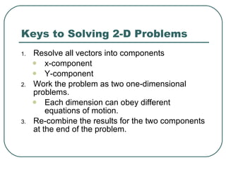 Keys to Solving 2-D Problems Resolve all vectors into components x-component Y-component Work the problem as two one-dimensional problems. Each dimension can obey different equations of motion. Re-combine the results for the two components at the end of the problem. 