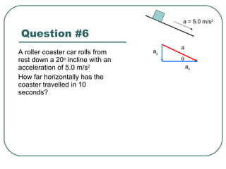 Question #6 A roller coaster car rolls from rest down a 20 o  incline with an acceleration of 5.0 m/s 2 How far horizontally has the coaster travelled in 10 seconds? a = 5.0 m/s 2 a a x a y  