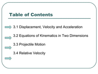 Table of Contents 3.1 Displacement, Velocity and Acceleration 3.2 Equations of Kinematics in Two Dimensions 3.3 Projectile Motion 3.4 Relative Velocity 