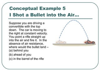 Conceptual Example 5 I Shot a Bullet into the Air… Suppose you are driving a convertible with the top down.  The car is moving to the right at constant velocity.  You point a rifle straight up into the air and fire it.  In the absence of air resistance, where would the bullet land – (a) behind you (b) ahead of you  (c) in the barrel of the rifle 