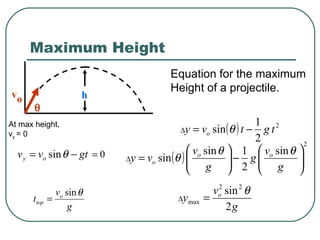 Maximum Height Equation for the maximum  Height of a projectile. At max height, v y  = 0  v o h 