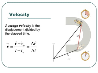 Velocity Average velocity  is the  displacement divided by  the elapsed time. 