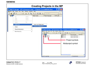 Date: 15.11.2006
File: ST-PCS7SYS_V70_p_stru.5
SIMATIC PCS 7
Siemens AG 2003. All rights reserved.
SITRAIN Training for
Automation and Drives
Creating Projects in the MP
Project symbols
Multiproject symbol
 