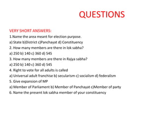 QUESTIONS
VERY SHORT ANSWERS:
1.Name the area meant for election purpose.
a) State b)District c)Panchayat d) Constituency
2. How many members are there in lok sabha?
a) 250 b) 140 c) 360 d) 545
3. How many members are there in Rajya sabha?
a) 250 b) 140 c) 360 d) 545
4. Right to vote for all adults is called
a) Universal adult franchise b) secularism c) socialism d) federalism
5. Give expansion of MP
a) Member of Parliament b) Member of Panchayat c)Member of party
6. Name the present lok sabha member of your constituency
 