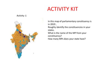 ACTIVITY KIT
In this map of parliamentary constituency is
in 2019 ,
Roughly identify the constituencies in your
states.
What is the name of the MP from your
constituency?
How many MPs does your state have?
Activity :1
 