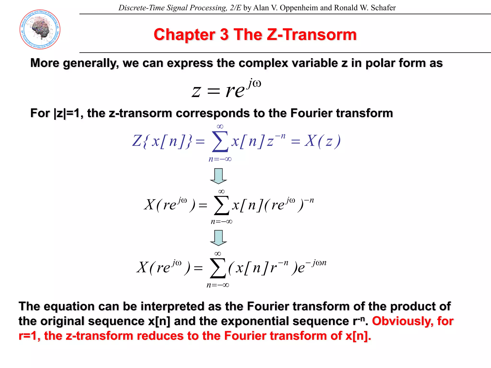 Discrete-Time Signal Processing, 2/E by Alan V. Oppenheim and Ronald W. Schafer
Chapter 3 The Z-Transorm
More generally, we can express the complex variable z in polar form as
ω
= j
re
z
For |z|=1, the z-transorm corresponds to the Fourier transform
∑
∞
−∞
=
−
ω
ω
=
n
n
j
j
)
re
](
n
[
x
)
re
(
X
)
z
(
X
z
]
n
[
x
]}
n
[
x
{
Z
n
n
=
= ∑
∞
−∞
=
−
∑
∞
−∞
=
ω
−
−
ω
=
n
n
j
n
j
e
)
r
]
n
[
x
(
)
re
(
X
The equation can be interpreted as the Fourier transform of the product of
the original sequence x[n] and the exponential sequence r-n. Obviously, for
r=1, the z-transform reduces to the Fourier transform of x[n].
 