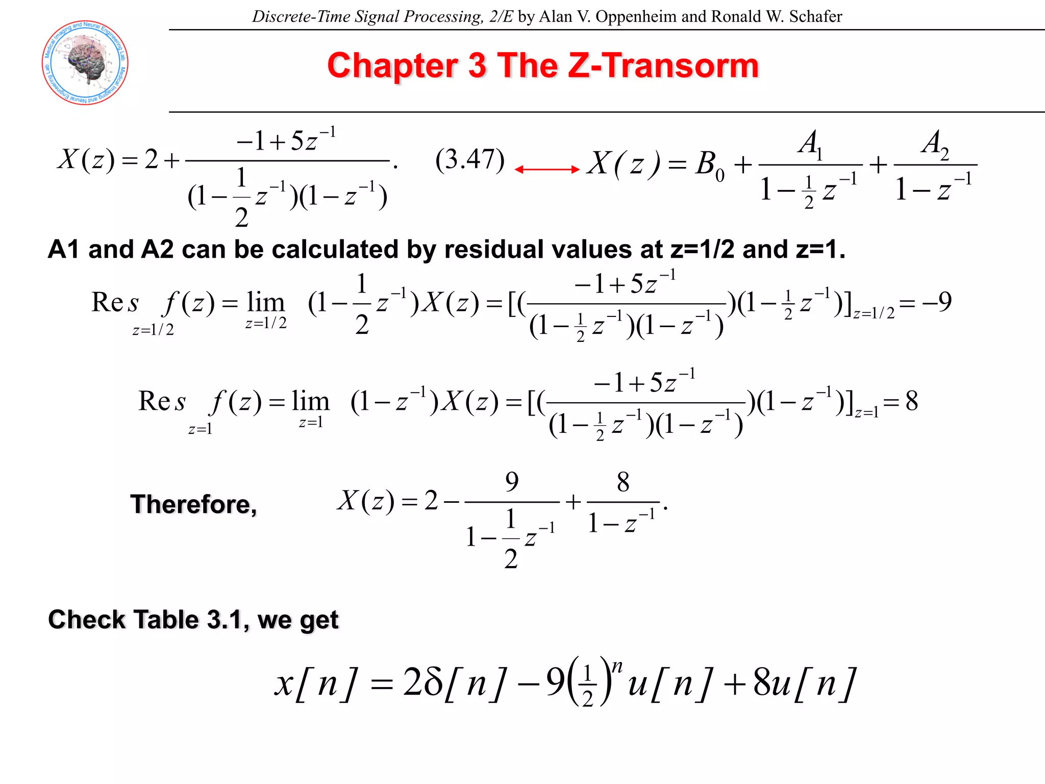 Discrete-Time Signal Processing, 2/E by Alan V. Oppenheim and Ronald W. Schafer
Chapter 3 The Z-Transorm
1
1 1
1 5
( ) 2 . (3.47)
1
(1 )(1 )
2
z
X z
z z
−
− −
− +
= +
− −
1
2
1
2
1
1
0
1
1 −
−
−
+
−
+
=
z
A
z
A
B
)
z
(
X
A1 and A2 can be calculated by residual values at z=1/2 and z=1.
9
)]
1
)(
)
1
)(
1
(
5
1
[(
)
(
)
2
1
1
(
lim
)
(
Re 2
/
1
1
2
1
1
1
2
1
1
1
2
/
1
2
/
1
−
=
−
−
−
+
−
=
−
= =
−
−
−
−
−
=
=
z
z
z
z
z
z
z
z
X
z
z
f
s
8
)]
1
)(
)
1
)(
1
(
5
1
[(
)
(
)
1
(
lim
)
(
Re 1
1
1
1
2
1
1
1
1
1
=
−
−
−
+
−
=
−
= =
−
−
−
−
−
=
=
z
z
z
z
z
z
z
z
X
z
z
f
s
1
1
9 8
( ) 2 . (3.48)
1 1
1
2
X z
z
z
−
−
= − +
−
−
Therefore,
Check Table 3.1, we get
( ) ]
n
[
u
]
n
[
u
]
n
[
]
n
[
x
n
8
9
2 2
1
+
−
δ
=
 