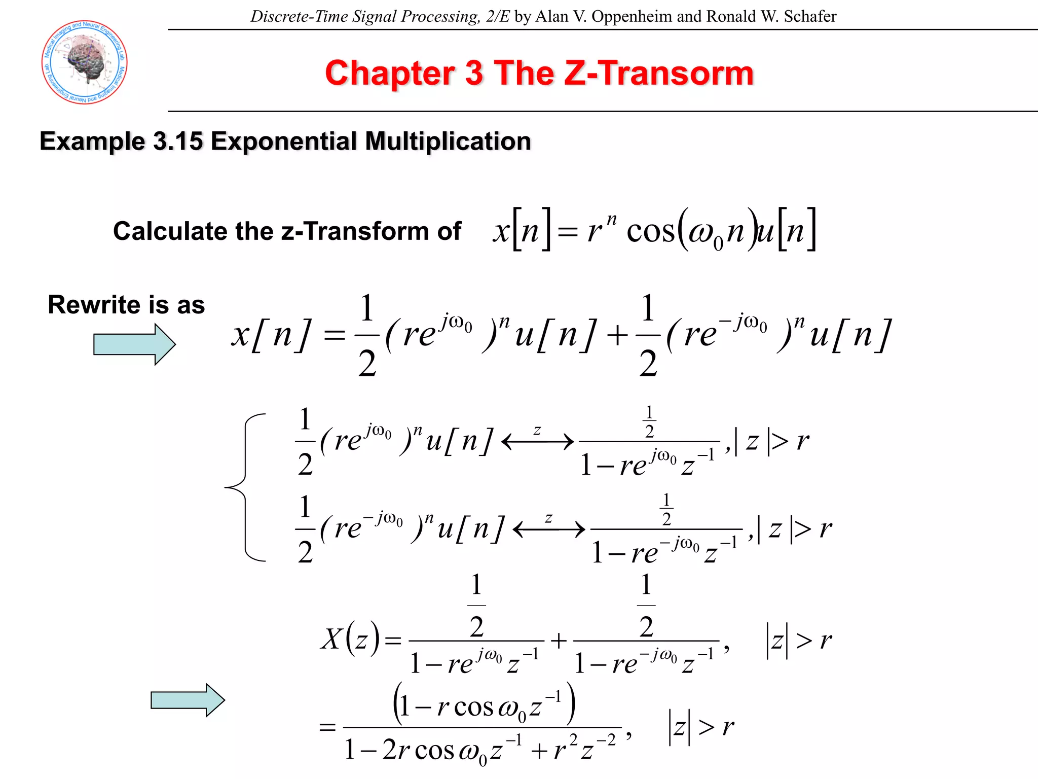 Discrete-Time Signal Processing, 2/E by Alan V. Oppenheim and Ronald W. Schafer
Chapter 3 The Z-Transorm
Example 3.15 Exponential Multiplication
[ ] ( ) [ ]
n
u
n
r
n
x n
0
cos ω
=
]
n
[
u
)
re
(
]
n
[
u
)
re
(
]
n
[
x n
j
n
j 0
0
2
1
2
1 ω
−
ω
+
=
Calculate the z-Transform of
Rewrite is as
r
|
z
|
,
z
re
]
n
[
u
)
re
(
r
|
z
|
,
z
re
]
n
[
u
)
re
(
j
z
n
j
j
z
n
j
>
−
⎯→
←
>
−
⎯→
←
−
ω
−
ω
−
−
ω
ω
1
2
1
1
2
1
0
0
0
0
1
2
1
1
2
1
( )
( ) r
z
z
r
z
r
z
r
r
z
z
re
z
re
z
X j
j
>
+
−
−
=
>
−
+
−
=
−
−
−
−
−
−
,
cos
2
1
cos
1
,
1
2
1
1
2
1
2
2
1
0
1
0
1
1 0
0
ω
ω
ω
ω
 