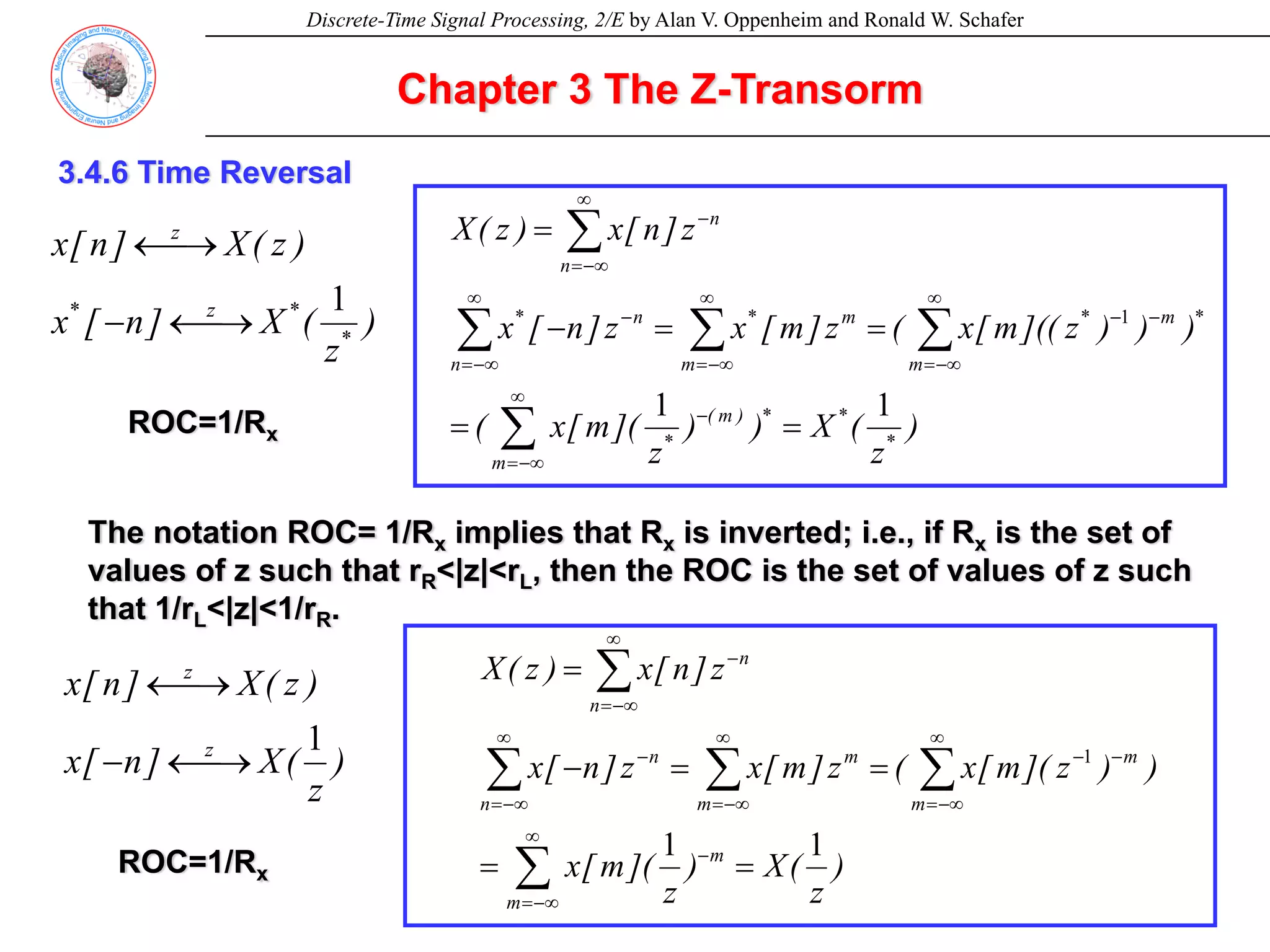 Discrete-Time Signal Processing, 2/E by Alan V. Oppenheim and Ronald W. Schafer
Chapter 3 The Z-Transorm
3.4.6 Time Reversal
)
z
(
X
)
)
z
](
m
[
x
(
)
)
)
z
]((
m
[
x
(
z
]
m
[
x
z
]
n
[
x
z
]
n
[
x
)
z
(
X
*
*
*
m
)
m
(
*
*
m
m
*
m
m
*
n
n
*
n
n
1
1
1
=
=
=
=
−
=
∑
∑
∑
∑
∑
∞
−∞
=
−
∞
−∞
=
−
−
∞
−∞
=
∞
−∞
=
−
∞
−∞
=
−
)
z
(
X
]
n
[
x
)
z
(
X
]
n
[
x
*
*
z
*
z
1
⎯→
←
−
⎯→
←
ROC=1/Rx
The notation ROC= 1/Rx implies that Rx is inverted; i.e., if Rx is the set of
values of z such that rR<|z|<rL, then the ROC is the set of values of z such
that 1/rL<|z|<1/rR.
)
z
(
X
)
z
](
m
[
x
)
)
z
](
m
[
x
(
z
]
m
[
x
z
]
n
[
x
z
]
n
[
x
)
z
(
X
m
m
m
m
m
m
n
n
n
n
1
1
1
=
=
=
=
−
=
∑
∑
∑
∑
∑
∞
−∞
=
−
∞
−∞
=
−
−
∞
−∞
=
∞
−∞
=
−
∞
−∞
=
−
)
z
(
X
]
n
[
x
)
z
(
X
]
n
[
x
z
z
1
⎯→
←
−
⎯→
←
ROC=1/Rx
 