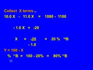 Collect  X terms   pp   10.0 X  -  11.0 X  =  1080 -  1100 - 1.0 X  =  -20    X  =  -20   =  20 %  10 B   - 1.0 Y = 100 - X %  11 B  =  100 - 20%  =  80%  11 B 