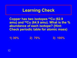Learning Check Copper has two isotopes  63 Cu (62.9 amu) and  65 Cu (64.9 amu). What is the % abundance of each isotope? (Hint: Check periodic table for atomic mass) 1) 30% 2)  70% 3)  100% 