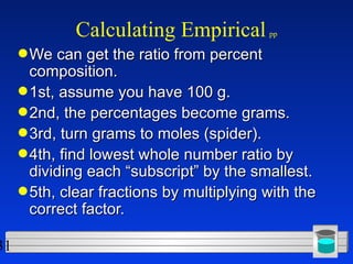 Calculating Empirical   pp We can get the ratio from percent composition. 1st, assume you have 100 g. 2nd, the percentages become grams. 3rd, turn grams to moles (spider).  4th, find lowest whole number ratio by dividing each “subscript” by the smallest. 5th, clear fractions by multiplying with the correct factor. 