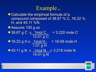 Example   pp Calculate the empirical formula of a compound composed of 38.67 % C, 16.22 % H, and 45.11 %N. Assume 100 g so 38.67 g C  x  1mol C  = 3.220 mole C    12.01 g C  16.22 g H x  1mol H  = 16.09 mole H    1.01 g H 45.11 g N  x  1mol N  = 3.219 mole N    14.01 g N 