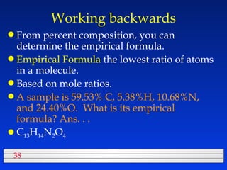 Working backwards From percent composition, you can determine the empirical formula. Empirical Formula  the lowest ratio of atoms in a molecule. Based on mole ratios. A sample is 59.53% C, 5.38%H, 10.68%N, and 24.40%O.  What is its empirical formula? Ans. . . C 13 H 14 N 2 O 4  