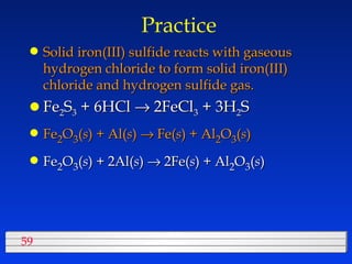 Practice Solid iron(III) sulfide reacts with gaseous hydrogen chloride to form solid iron(III) chloride and hydrogen sulfide gas. Fe 2 S 3  + 6HCl   2FeCl 3  + 3H 2 S Fe 2 O 3 ( s ) + Al( s )    Fe( s ) + Al 2 O 3 ( s ) Fe 2 O 3 ( s ) + 2Al( s )    2Fe( s ) + Al 2 O 3 ( s ) 