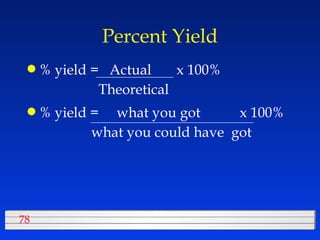 Percent Yield % yield =  Actual  x 100%   Theoretical  % yield =  what you got  x 100% what you could have  got 