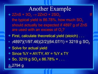 Another Example 2ZnS + 3O 2     2ZnO + 2SO 2   If the typical yield is 86.78%, how much SO 2  should actually be expected if 4897 g of ZnS are used with an excess of O 2 ? First, calculate theoretical yield (stoich) . . . ( 4897)(1/97.46)(2/2)(64.07/1) = 3219 g SO 2 Solve for actual yield Since %Y = AY/TY, AY = %Y x TY So, 3219 g SO 2  x 86.78% = . . . 2794 g 