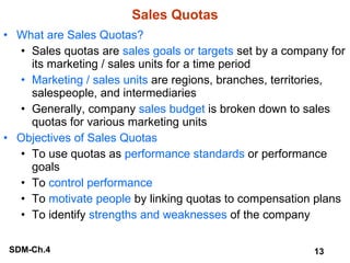 Sales Quotas What are Sales Quotas? Sales quotas are  sales goals or targets  set by a company for its marketing / sales units for a time period Marketing / sales units  are regions, branches, territories, salespeople, and intermediaries Generally, company  sales budget  is broken down to sales quotas for various marketing units Objectives of Sales Quotas To use quotas as  performance standards  or performance goals To  control performance To  motivate people  by linking quotas to compensation plans To identify  strengths and weaknesses  of the company 