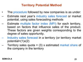 Territory Potential Method The  procedure  followed by new companies is as under: Estimate next year’s  industry sales forecast  or market potential, using sales forecasting methods Estimate  multiple factor index (MFI)  for each territory, based on factors that influence sales of the product. These factors are given weights corresponding to the degree of sales opportunity.  Industry sales forecast  in a territory (or territory market potential=(1)x(2) Territory sales quota = (3) x estimated  market share  of the company in the territory 