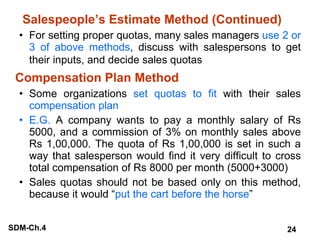 Salespeople’s Estimate Method (Continued) For setting proper quotas, many sales managers  use 2 or 3 of above methods , discuss with salespersons to get their inputs, and decide sales quotas   Compensation Plan Method Some organizations  set quotas to fit  with their sales  compensation plan E.G.  A company wants to pay a monthly salary of Rs 5000, and a commission of 3% on monthly sales above Rs 1,00,000. The quota of Rs 1,00,000 is set in such a way that salesperson would find it very difficult to cross total compensation of Rs 8000 per month (5000+3000) Sales quotas should not be based only on this method, because it would “ put the cart before the horse ” 