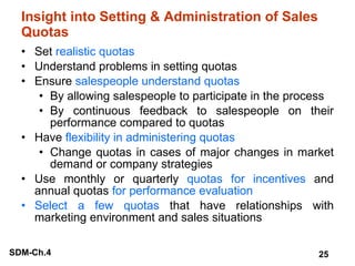 Insight into Setting & Administration of Sales Quotas Set  realistic quotas Understand problems in setting quotas Ensure  salespeople understand quotas By allowing salespeople to participate in the process By continuous feedback to salespeople on their performance compared to quotas Have  flexibility in administering quotas Change quotas in cases of major changes in market demand or company strategies Use monthly or quarterly  quotas for incentives  and annual quotas  for performance evaluation Select a few quotas  that have relationships with marketing environment and sales situations 