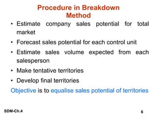 Procedure in Breakdown Method Estimate company sales potential for total market Forecast sales potential for each control unit Estimate sales volume expected from each salesperson Make tentative territories Develop final territories Objective  is to  equalise sales potential of territories 
