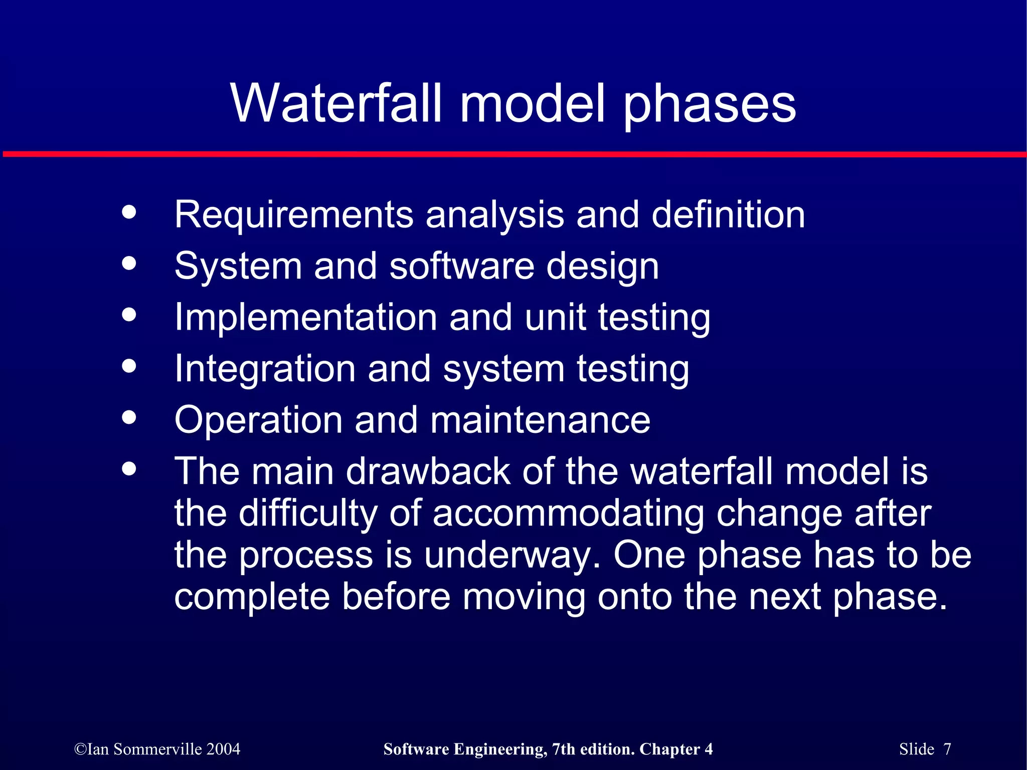 Waterfall model phases Requirements analysis and definition System and software design Implementation and unit testing Integration and system testing Operation and maintenance The main drawback of the waterfall model is the difficulty of accommodating change after the process is underway. One phase has to be complete before moving onto the next phase. 