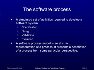 The software process A structured set of activities required to develop a  software system Specification; Design; Validation; Evolution. A software process model is an abstract representation of a process. It presents a description of a process from some particular perspective. 
