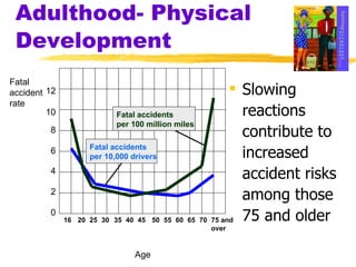 Adulthood- Physical Development Slowing reactions contribute to increased accident risks among those 75 and older 12 10 8 6 4 2 0 16 20 25 30 35 40 45 50 55 60 65 70 75 and over Fatal  accident  rate Age Fatal accidents per 10,000 drivers Fatal accidents per 100 million miles 