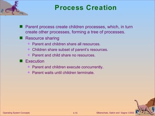 Process Creation Parent process create children processes, which, in turn create other processes, forming a tree of processes. Resource sharing Parent and children share all resources. Children share subset of parent’s resources. Parent and child share no resources. Execution Parent and children execute concurrently. Parent waits until children terminate. 