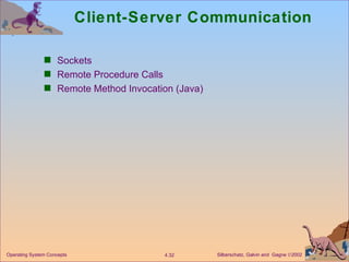 Client-Server Communication Sockets Remote Procedure Calls Remote Method Invocation (Java) 