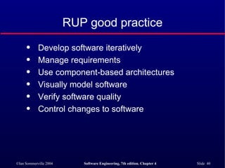 RUP good practice Develop software iteratively Manage requirements Use component-based architectures Visually model software Verify software quality Control changes to software 
